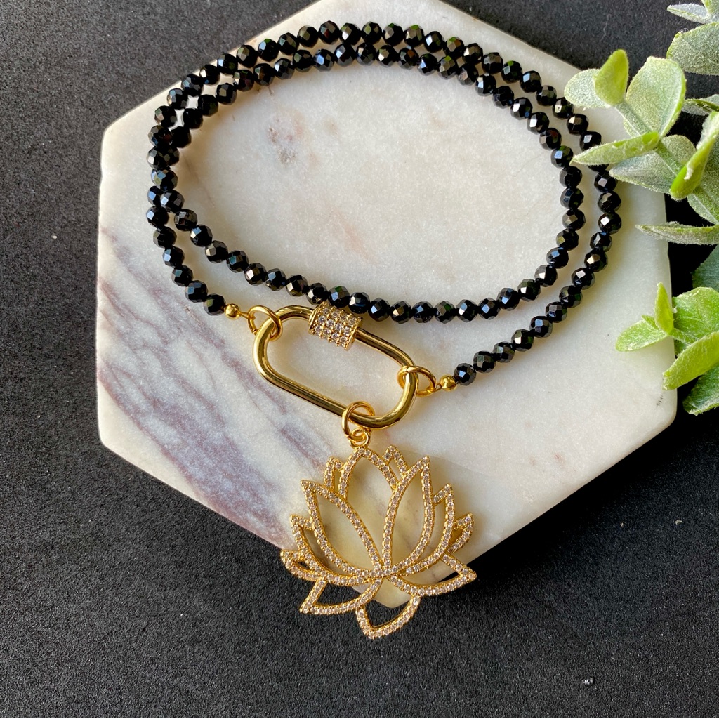 Lotus Flower Necklace Gold Pendant Black Tourmaline Choker Carabiner Front Clasp 49$